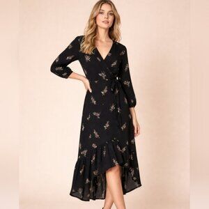Love Stitch Black Floral Ruffle High-Low Wrap Dress
